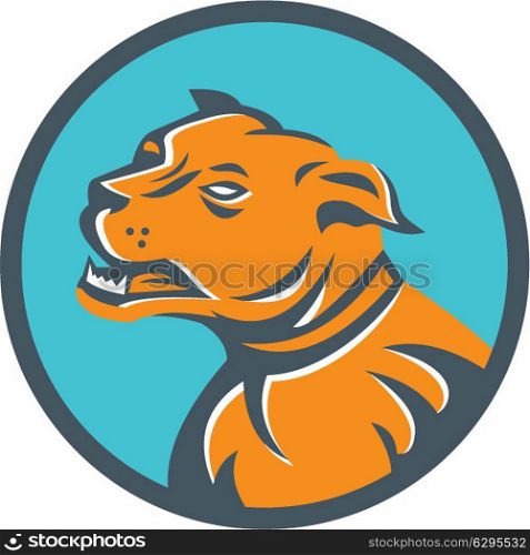 Illustration of an angry mastiff dog mongrel viewed from the side set inside circle on isolated background done in retro style.