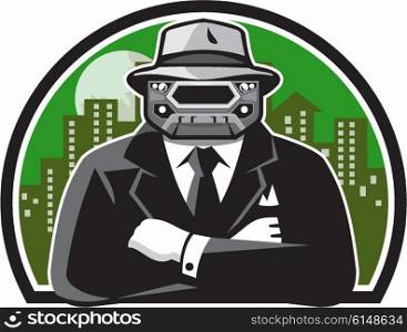 Illustration of an angry mobster with car grille grill face wearing hat , tie and suit arms folded facing front with full moon and building cityscape in background done in retro style.