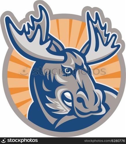 Illustration of an angry moose head set inside circle done in retro style on isolated background.. Angry Moose Mascot Retro