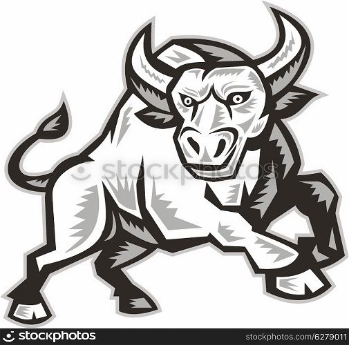 Illustration of an angry raging bull facing front snorting done in retro woodcut style.