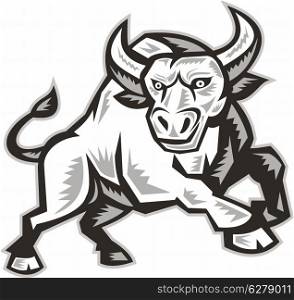 Illustration of an angry raging bull facing front snorting done in retro woodcut style.