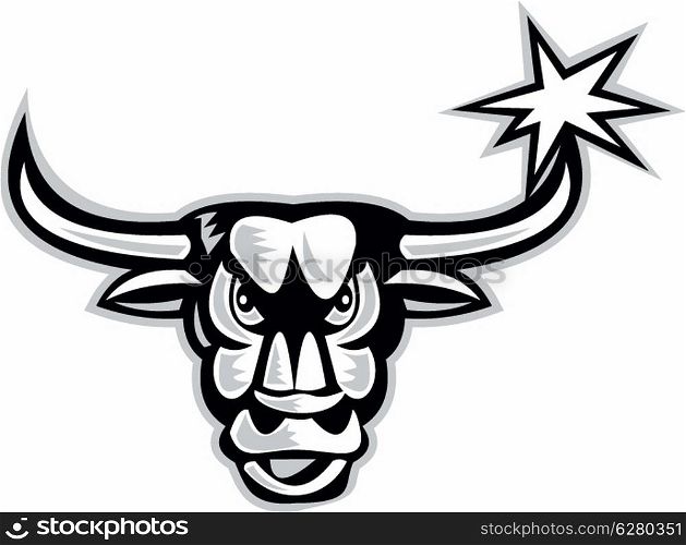 Illustration of an angry raging bull head facing front with star on isolated white background done in retro style.