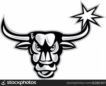 Illustration of an angry raging bull head facing front with star on isolated white background done in retro style.