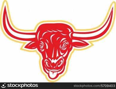 Illustration of an angry raging bull head facing front with tongue out set on isolated white background done in retro style. . Angry Bull Head Tongue Out Retro