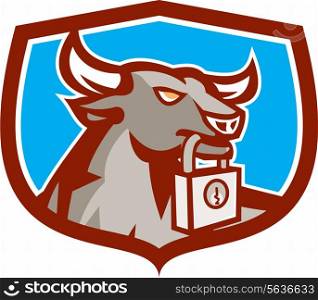 Illustration of an angry raging bull head facing to side holding padlock in mouth set inside crest shield on isolated background done in retro style.. Angry Bull Head Padlock Shield Retro
