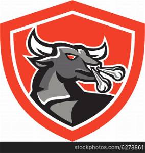 Illustration of an angry raging bull head facing to side set inside crest shield done in retro style.. Angry Bull Head Shield Retro