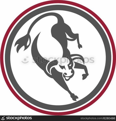 Illustration of an angry raging bull jumping facing front set inside circle done in retro style.. Raging Bull Charging Circle Retro