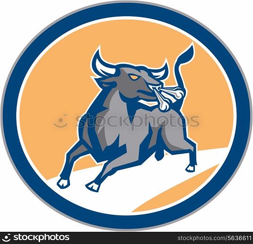 Illustration of an angry raging bull looking to the side snorting set inside circle on isolated background done in retro style.