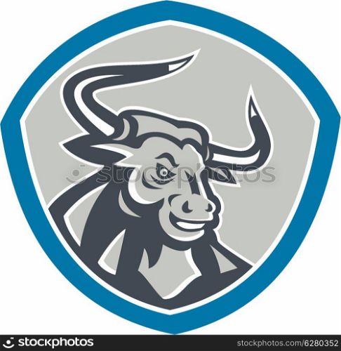 Illustration of an angry raging texas longhorn bull head facing front set inside shield crest on isolated background done in retro style.. Angry Texas Longhorn Bull Shield