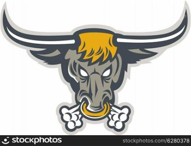 Illustration of an angry raging texas longhorn bull head facing front set on isolated background done in retro style.. Texas Longhorn Bull Head Front