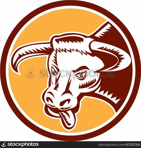 Illustration of an angry raging texas longhorn bull head with tongue out set inside circle on isolated background done in retro woodcut style.. Angry Texas Longhorn Bull Head Woodcut