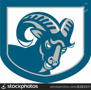 Illustration of an angry ram mountain goat head facing front set inside shield done in cartoon style.. Mountain Goat Ram Head Shield Retro