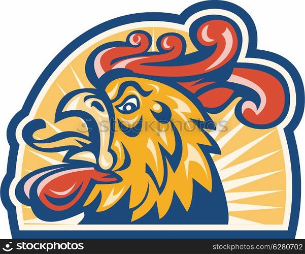 Illustration of an angry rooster cockerel cock chicken head viewed from side done in retro style.. Rooster Cockerel Head Retro