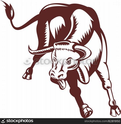 Illustration of an angry texas longhorn bull charging and attacking on isolated white background done in retro style.. angry texas longhorn bull charging