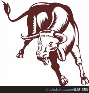 Illustration of an angry texas longhorn bull charging and attacking on isolated white background done in retro style.. angry texas longhorn bull charging