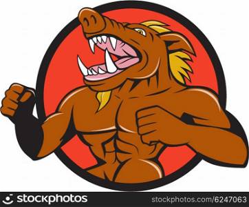 Illustration of an angry wild boar with a man&rsquo;s body roaring pumping chest looking to the side set inside circle done in cartoon style.