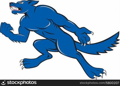 Illustration of an angry wild dog viewed from side clenching fist on isolated background done in cartoon style.. Wolf Dog Clenching Fist Cartoon