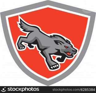 Illustration of an angry wild dog wolf attacking growling snarling done in retro style on isolated background.. Angry Wolf Wild Dog Stalking Shield Retro