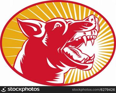 illustration of an angry wild dog wolf growling woodcut set inside oval with sunburst in background. angry wild dog wolf growling woodcut
