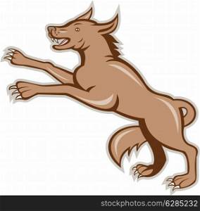 Illustration of an angry wild dog wolf on it&rsquo;s hind legs viewed from side done in cartoon style on isolated background.