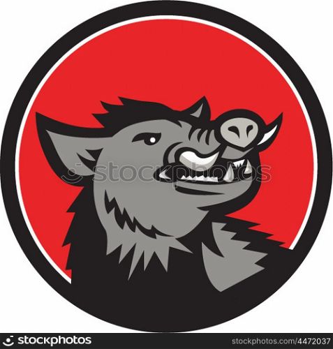 Illustration of an angry wild pig boar razorback head looking up to the side viewed from the front set inside circle done in retro style. . Wild Boar Head Angry Looking Up Circle Retro