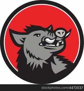 Illustration of an angry wild pig boar razorback head looking up to the side viewed from the front set inside circle done in retro style. . Wild Boar Head Angry Looking Up Circle Retro