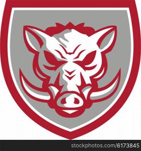 Illustration of an angry wild pig boar razorback head viewed from the front set inside shield crest done in retro style. . Wild Boar Razorback Head Angry Shield Retro