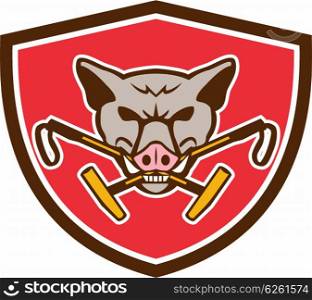 Illustration of an angry wild pig hog head biting crossed polo mallet viewed from front set inside shield crest on isolated background done in retro style. . Wild Hog Head Crossed Polo Mallet Crest Retro