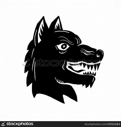 Illustration of an Angry Wolf wild dog Head Side view done in Woodcut style.. Angry Wolf Head Side Woodcut