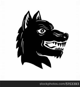 Illustration of an Angry Wolf wild dog Head Side view done in Woodcut style.. Angry Wolf Head Side Woodcut