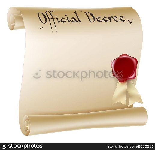 Illustration of an antique paper document scroll and red wax seal with copyspace in the center