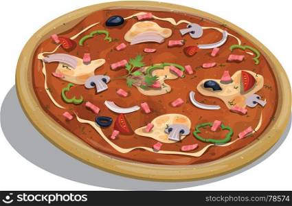 Illustration of an appetizing cartoon italian pizza icon, with tomatoes slices, onions, mushrooms, cheese, dairy cream, and pig pieces for fastfood and takeout restaurants. Italian Pizza