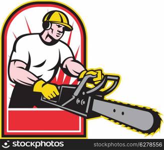 Illustration of an arborist,tree surgeon,tree trimmer or pruner operating a chainsaw with sunburst in background done in retro style on isolated white background.&#xA;