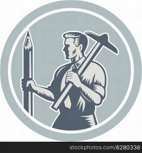 Illustration of an architect draftsman holding pencil and t-square viewed from side set inside circle on isolated background done in retro woodcut style.. Architect Draftsman Circle Retro