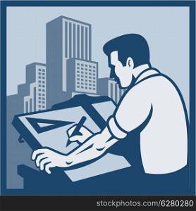 Illustration of an architect drawing drafting with buildings in background done in retro style.. Architect Draftsman Drawing Buildings Retro