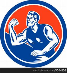 Illustration of an arm wrestling champion flexing muscles viewed from front set inside circle on isolated background done in retro woodcut style.. Arm Wrestling Champion Woodcut Circle
