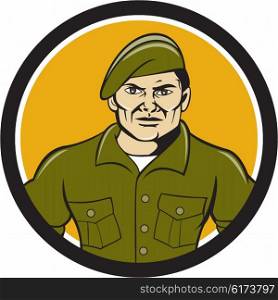 Illustration of an army ranger standing in full attention viewed from front set inside circle on isolated background done in cartoon style. . Ranger Standing Attention Circle Cartoon