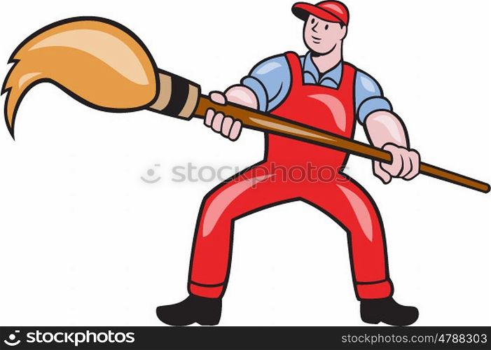 Illustration of an artist painter standing with legs apart holding a giant paintbrush set on isolated white background done in cartoon style.. Artist Painter Standing Giant Paintbrush Cartoon