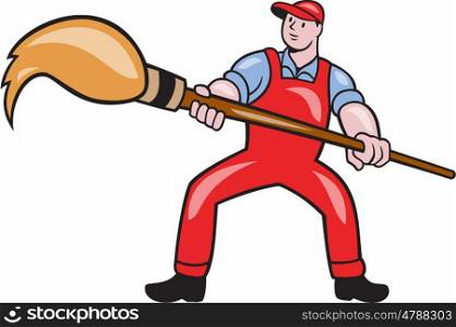 Illustration of an artist painter standing with legs apart holding a giant paintbrush set on isolated white background done in cartoon style.. Artist Painter Standing Giant Paintbrush Cartoon