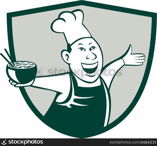 Illustration of an asian chef dancing holding serving a bowl of noodle viewed from front set inside shield crest on isolated background done in cartoon style. . Asian Chef Serving Noodle Bowl Dancing Crest Cartoon