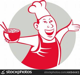 Illustration of an asian chef dancing holding serving a bowl of noodle viewed from front set inside circle on isolated background done in cartoon style. . Asian Chef Serving Noodle Bowl Dancing Circle Cartoon
