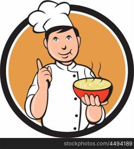 Illustration of an asian chef holding a bowl of noode and doing the number one sign with the other hand viewed from front set inside circle on isolated background done in cartoon style. . Asian Chef Noodle Bowl Circle Cartoon