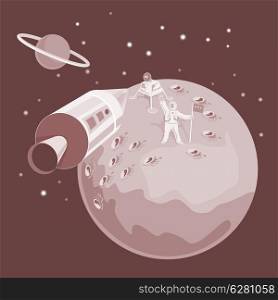 Illustration of an astronaut landing on the moon with rocket spaceship and planet done in retro style.