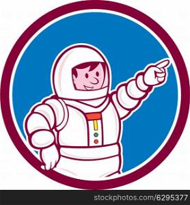 Illustration of an astronaut pointing facing front set inside circle on isolated background done in cartoon style