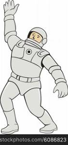 Illustration of an astronaut spaceman wearing space suit waving viewed from the front set on isolated white background done in cartoon style. . Astronaut Waving Front Cartoon