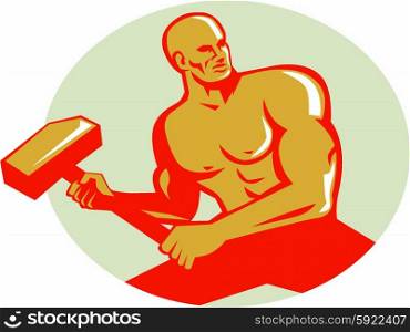 Illustration of an athlete holding sledgehammer in training looking to the side viewed from front set inside oval shape done in retro style.. Athlete With Sledgehammer Training Oval Retro