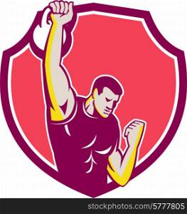 Illustration of an athlete performing a kettlebell one-arm high pull facing front set inside crest done in retro style.. Kettlebell One-Arm High Pull Retro