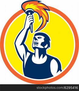 Illustration of an athlete player looking up raising torch set inside circle on isolated background done in retro style. . Athlete Player Raising Flaming Torch Circle Retro