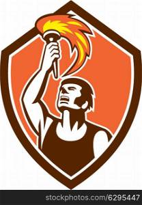 Illustration of an athlete player looking up raising torch set inside shield crest on isolated background done in retro style. . Athlete Player Raising Flaming Torch Shield Retro