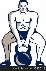 Illustration of an athlete weightlifter lifting kettlebell with both hands facing front set inside on isolated white background done in retro style.. Athlete Weightlifter Lifting Kettlebell Retro